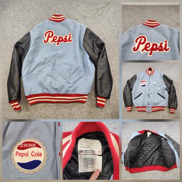 Vintage Pepsi Jacket Mens 48 Large Wool Leather Varsity DeLong Staff Patch 90s - Picture 1 of 16